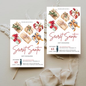 May include: Two rectangular Secret Santa gift exchange invitations featuring watercolor illustrations of wrapped presents with ribbons. The text includes date, time, location, and RSVP details, with the phrase "Please bring a wrapped gift valued under $30" printed at the bottom.