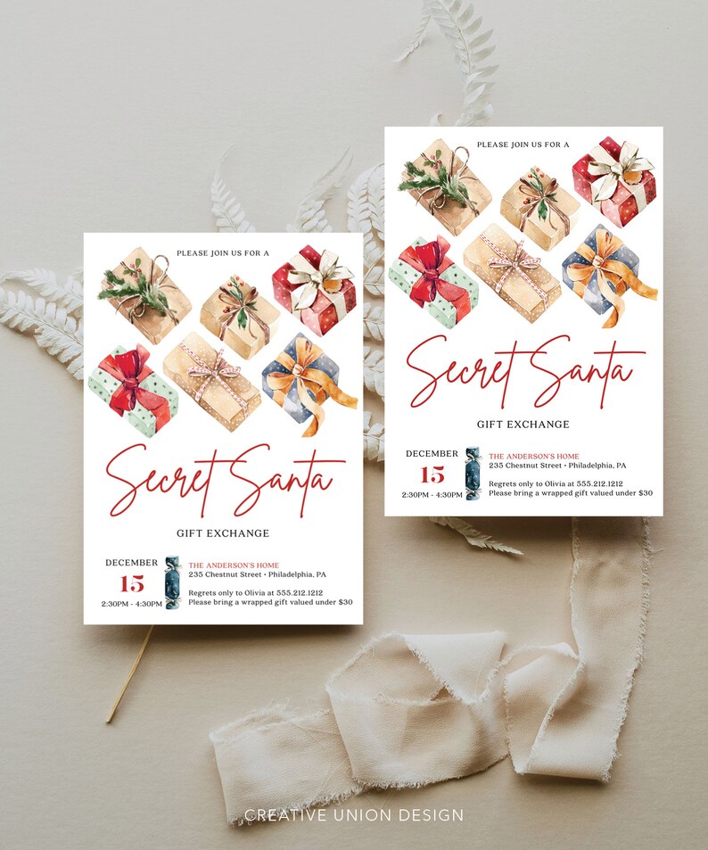 May include: Two rectangular Secret Santa gift exchange invitations featuring watercolor illustrations of wrapped presents with ribbons. The text includes date, time, location, and RSVP details, with the phrase "Please bring a wrapped gift valued under $30" printed at the bottom.