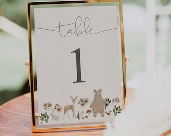 Baby Shower Table Numbers, Boy Baby Shower Table Number Template, Editable Table Numbers, Woodland Table Numbers, Boho Woodland, Bear Baby