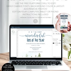 May include: A digital template for a winter holiday party invitation. The invitation features a blue and white winter scene with the text "It's the most wonderful time of the year." The invitation also includes the date, time, and location of the party.