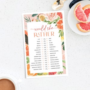 Would She Rather Game, Bridal Shower Game, Bachelorette Party Game, Printable Game, Download, Floral, Tropical Citrus, Lemon Bridal Shower