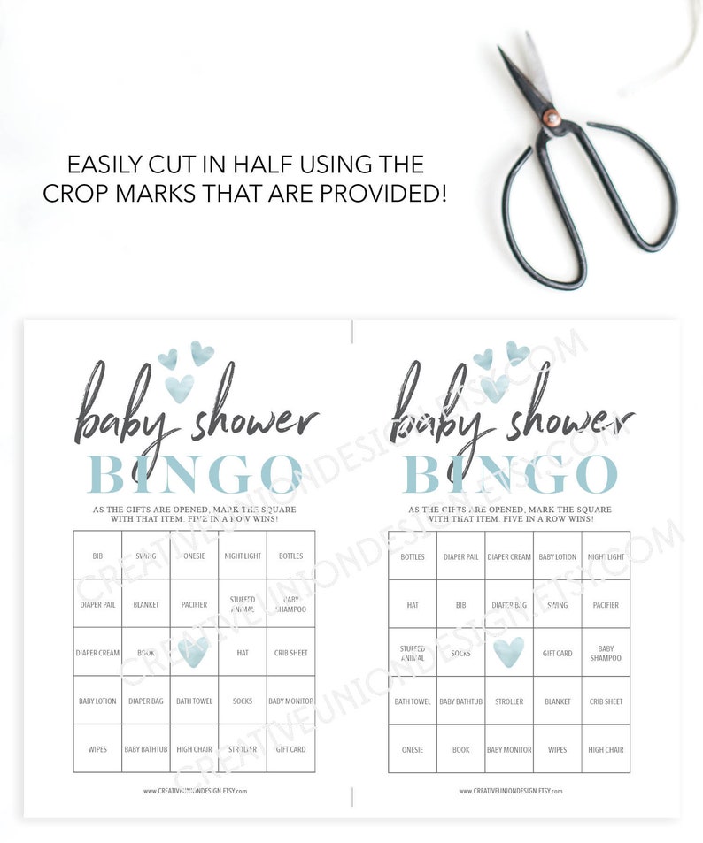 Boy Baby Shower Bingo, 60 Unique Game Sheets, Baby Shower Games, It's A Boy Heart, Baby Shower, Blue, Instant Download, Bingo Game, for Boy image 2