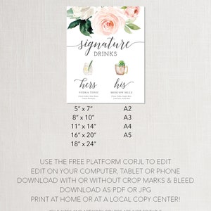 Signature Drink Sign Template, Printable Signature Cocktail Sign, His ...