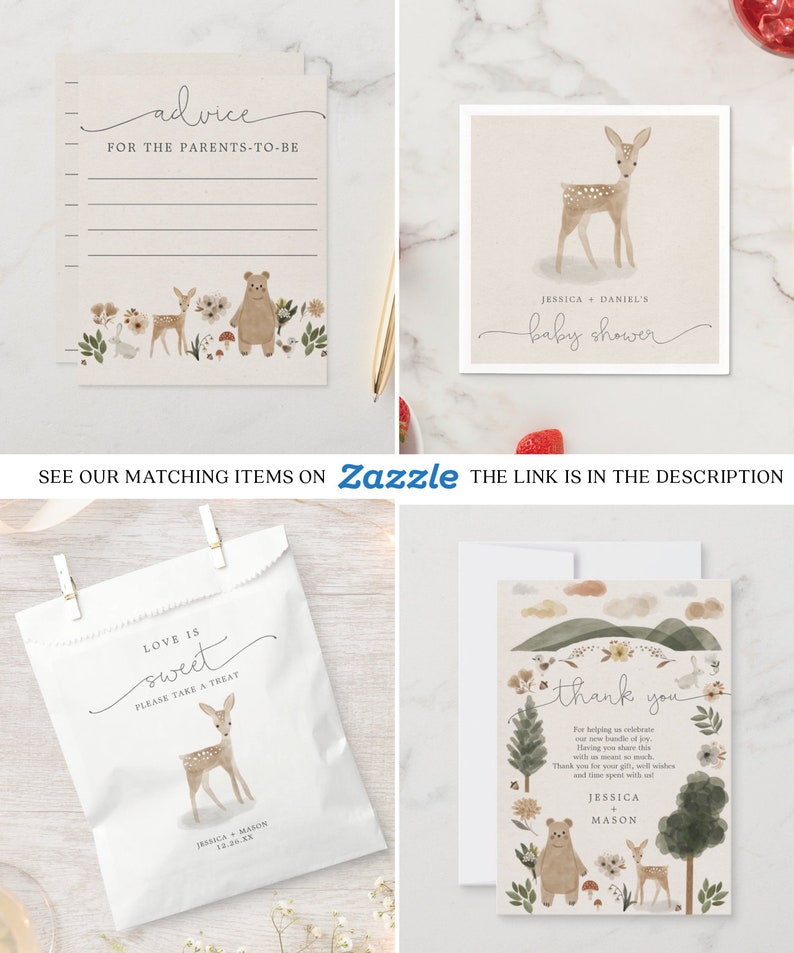 May include: A set of printable baby shower invitations with a woodland theme. The invitations feature a cute deer, a bear, and a forest scene. The text on the invitations reads "Jessica + Daniel's Baby Shower".