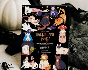 May include: A black Halloween party invitation featuring cartoon cats in costumes. The invitation includes the text "Join us for a Halloween Party" with event details. Decorative elements include stars, spiders, and a white pumpkin.