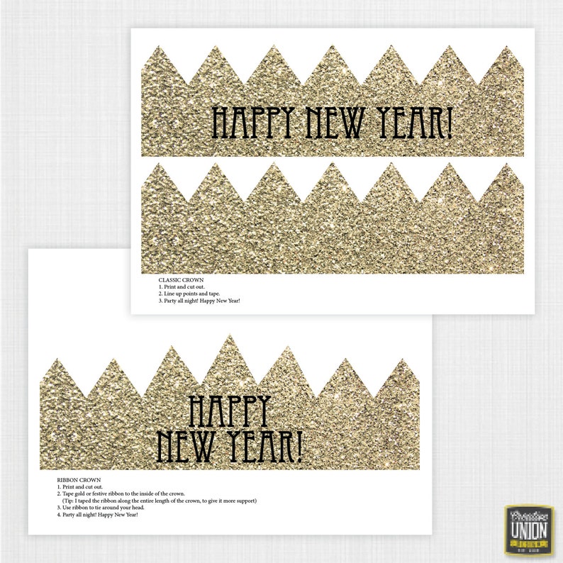 Printable New Years Eve Crowns New Year's Eve Hat Faux Glitter DIY Party Hat Happy New Year Decorations Instant Download Gold image 5