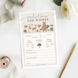 Woodland baby voorspellingen, wensen voor baby, babyshower spel, voorspellingen voor baby, afdrukbaar spel, baby, boho bos, dieren