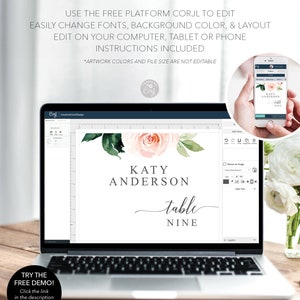 May include: Editable template for a wedding table number card. The card features a watercolor floral design with a pink rose and green leaves. The text "KATY ANDERSON table NINE" is displayed in a gray font.
