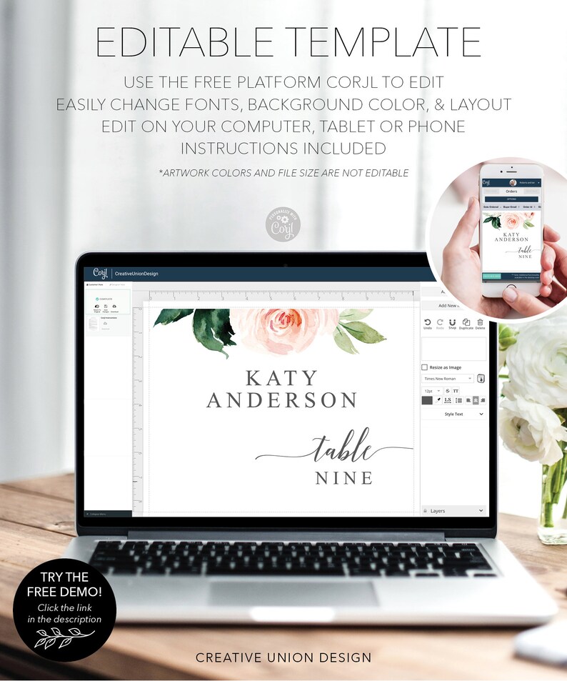 May include: Editable template for a wedding table number card. The card features a watercolor floral design with a pink rose and green leaves. The text "KATY ANDERSON table NINE" is displayed in a gray font.