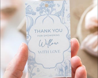 Favor Tag for Baby Shower Editable Thank You Tag Template Boy Baby Shower Favor Tag Toile De Jouy Safari Blue Baby Instant Download Tag