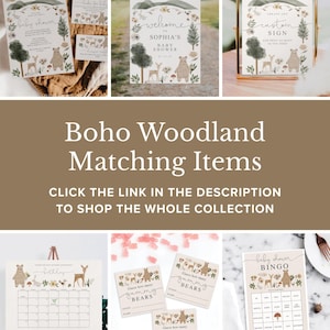 May include: A set of printable baby shower decorations with a woodland theme. The decorations include a welcome sign, a custom sign, a bingo card, a calendar, and a game card that says "Guess how many gummy bears". The decorations feature a brown bear, a deer, and a rabbit.