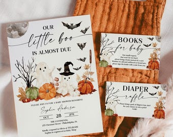 Our Little Boo Is Almost Due Baby Shower Invitation Set Template for Fall Baby Shower Books For Baby Diaper Raffle Thank You Card Halloween