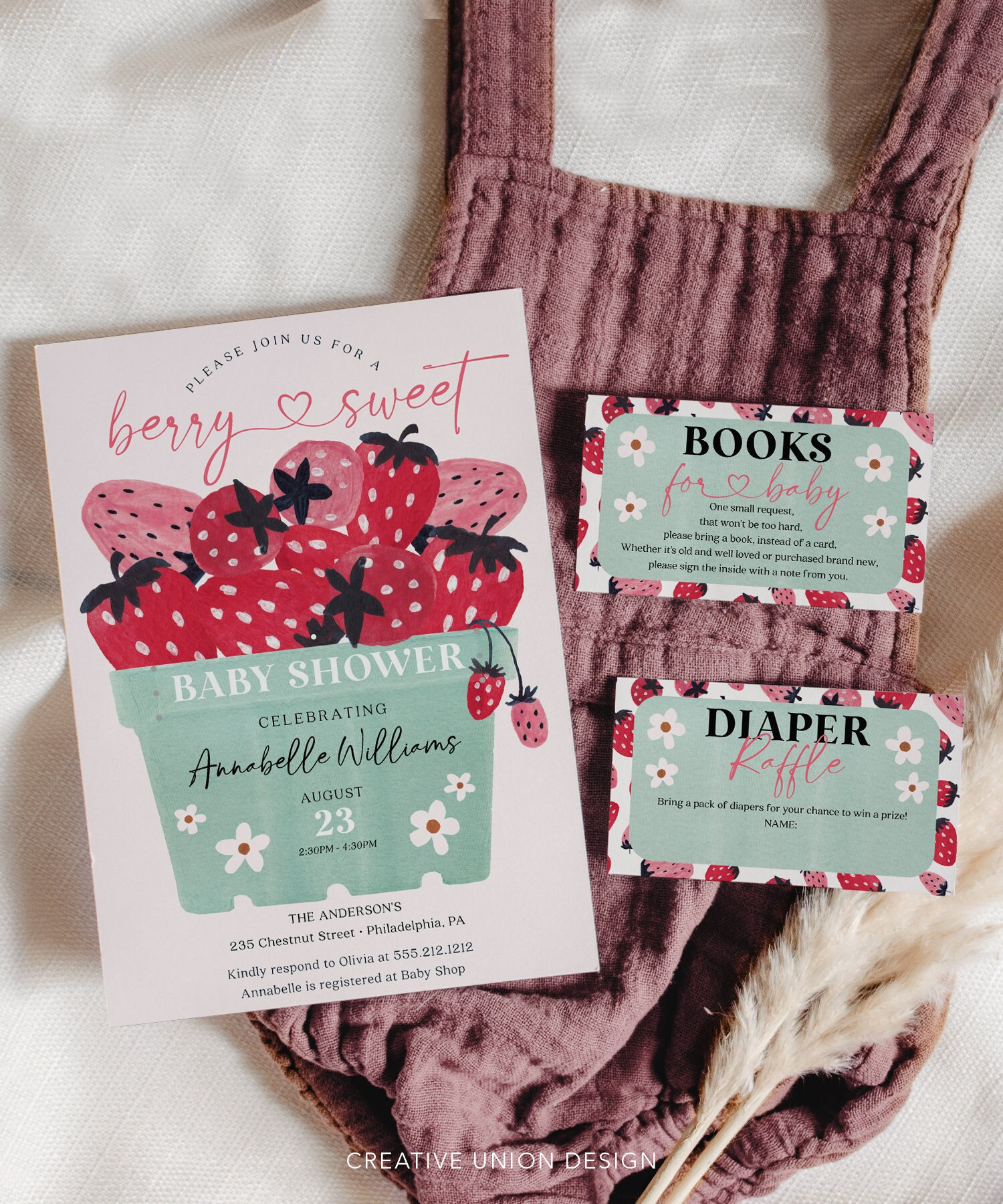 Berry Sweet Baby Shower Invitation Set Template, Printable Editable, Thank You Card, Diaper Raffle, Books For Baby, Strawberry, Summer Baby