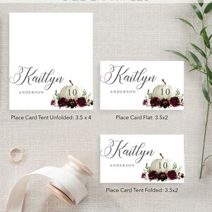 May include: White place cards with a pumpkin and floral design. The cards display the name "Kaitlyn" and the number "10". The text "SIZE EXAMPLES" and "CREATIVE UNION DESIGN" are also visible. The unfolded card measures 3.5 x 4 inches.