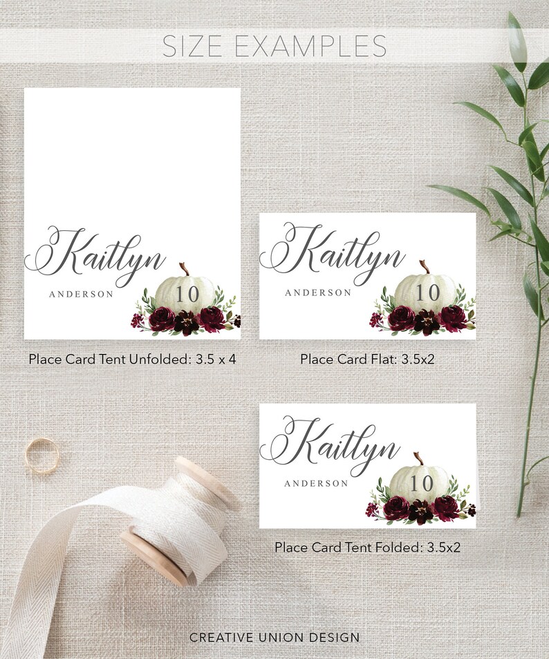 May include: White place cards with a pumpkin and floral design. The cards display the name "Kaitlyn" and the number "10". The text "SIZE EXAMPLES" and "CREATIVE UNION DESIGN" are also visible. The unfolded card measures 3.5 x 4 inches.