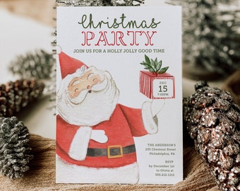 Op de afbeelding: Een kerstfeestuitnodiging met een aquarel illustratie van de kerstman die een cadeau vasthoudt. De uitnodiging heeft de tekst "Christmas PARTY" in rood en groen, met evenementdetails en RSVP-informatie.