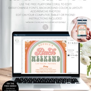 May include: A digital mockup of a bachelorette party invitation with a rainbow arch and the text "Sophia's Bach Weekend Las Vegas, Nevada". The invitation includes a schedule of events for the weekend.