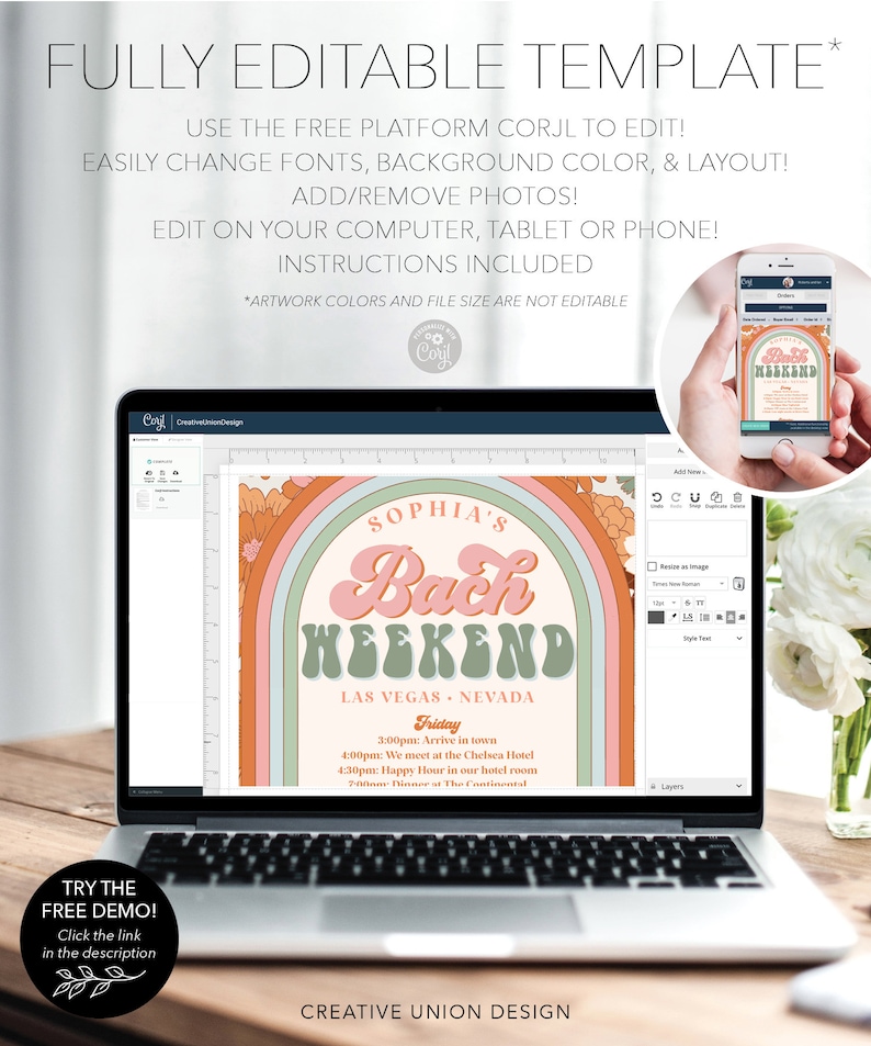 May include: A digital mockup of a bachelorette party invitation with a rainbow arch and the text "Sophia's Bach Weekend Las Vegas, Nevada". The invitation includes a schedule of events for the weekend.