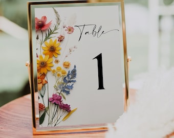 Wildflower Table Numbers Template, Editable Bridal Shower Table Numbers, Seating, Wedding Table Number Cards, Pressed Flowers, Colorful, DIY