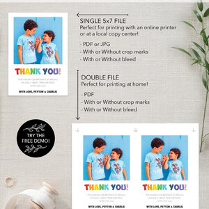 May include: A printable birthday thank you card with two boys in matching blue shirts. The card says "THANK YOU!" in rainbow colors, with additional text below. The card is available as a single 5x7 file or a double file.