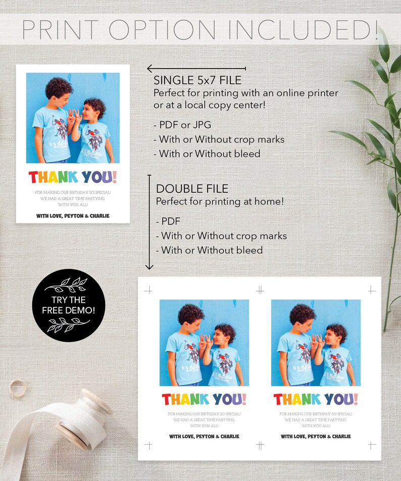 May include: A printable birthday thank you card with two boys in matching blue shirts. The card says "THANK YOU!" in rainbow colors, with additional text below. The card is available as a single 5x7 file or a double file.