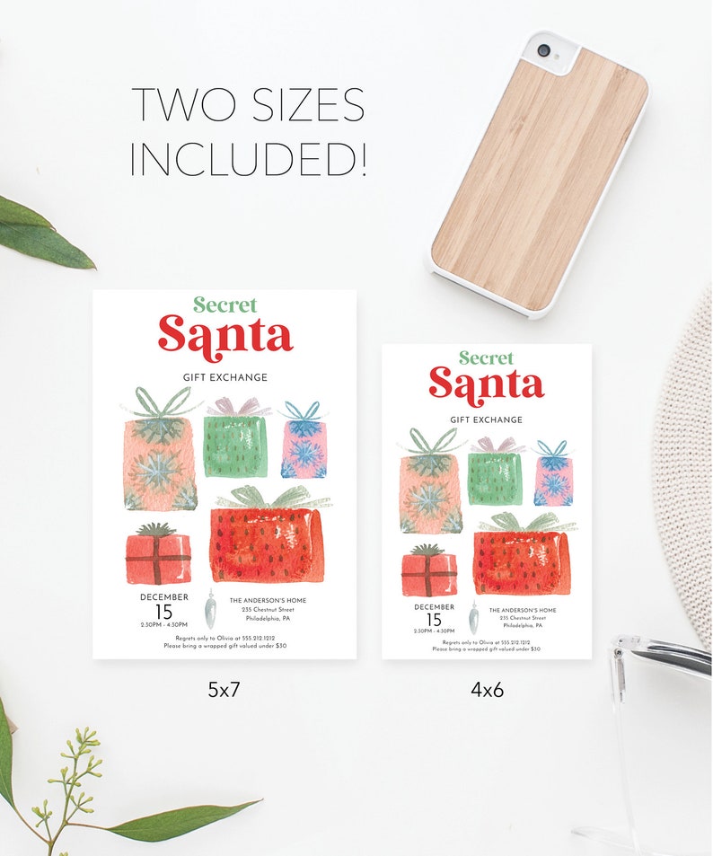 May include: Two Secret Santa gift exchange invitations in 5x7 and 4x6 sizes. The invitations feature watercolor illustrations of wrapped gifts in red, green, and pink. The text includes "Secret Santa," "December 15," and event details.