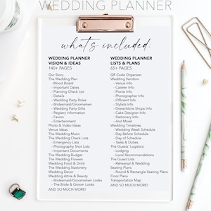 May include: A white checklist with a gold binder clip, titled "The Ultimate Wedding Planner". The checklist is divided into two sections: "Wedding Planner Vision & Ideas" and "Wedding Planner Lists & Plans". The checklist includes a variety of items, such as "Our Story", "The Wedding Plan", "Wedding Party Roles", "Venue Ideas", "Wedding Music", "Wedding Timelines", "Wedding Week Schedule", "The Guests' Logistics", "Seating Plans", and "Transportation Map".