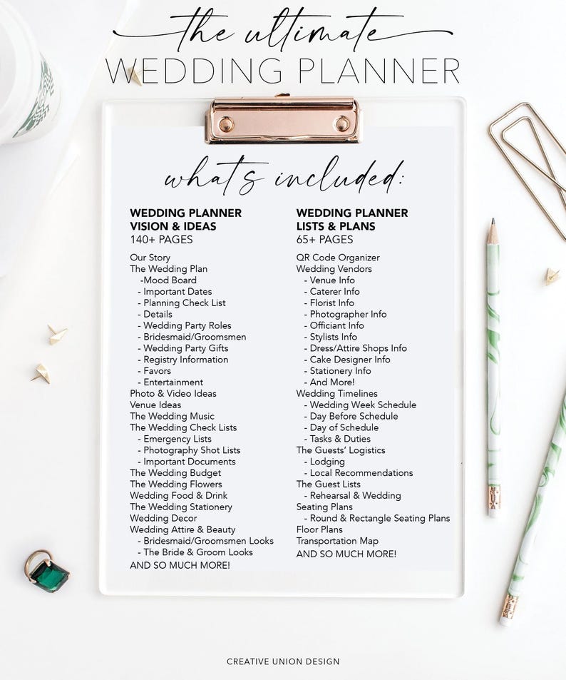 May include: A white checklist with a gold binder clip, titled "The Ultimate Wedding Planner". The checklist is divided into two sections: "Wedding Planner Vision & Ideas" and "Wedding Planner Lists & Plans". The checklist includes a variety of items, such as "Our Story", "The Wedding Plan", "Wedding Party Roles", "Venue Ideas", "Wedding Music", "Wedding Timelines", "Wedding Week Schedule", "The Guests' Logistics", "Seating Plans", and "Transportation Map".