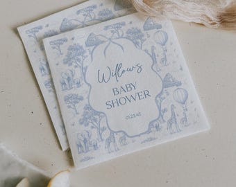 PRINTED & FREE SHIPPING Custom Cocktail Napkins | Safari Baby Shower | Personalized Napkins | Boy Baby Shower Decor | Toile De Jouy | Blue
