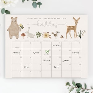 Baby Fälligkeit Datum Kalender Zeichen Vorlage, Errate den Geburtstag, Baby Shower Spiel, bearbeitbar, Sofort Download, Boho Woodland, Bär-Baby-Dusche