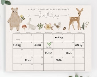 Könnte beinhalten: Ein druckbares Babyparty-Spiel mit Waldthema. Das Spiel fordert die Gäste auf, das Geburtsdatum des Babys zu erraten. Der Kalender ist mit Waldtieren und Blumen verziert. Der Geburtstermin ist mit einem grünen Herzen markiert.