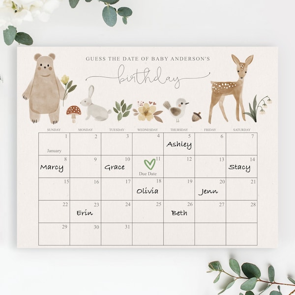 Baby Due Date Calendar Sign Template, Guess the Birthday, Baby Shower Game, Editable, Instant Download, Boho Woodland, Bear Baby Shower