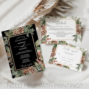 May include: A wedding stationery set with a winter theme. The main invitation is black with gold borders and text, complemented by details and RSVP cards, all decorated with pine and berry illustrations.