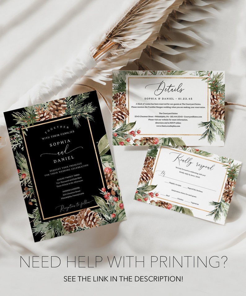 May include: A wedding stationery set with a winter theme. The main invitation is black with gold borders and text, complemented by details and RSVP cards, all decorated with pine and berry illustrations.