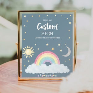 Modèle d'enseigne personnalisé modifiable, enseigne de baby shower personnalisée, cadeaux, cadeaux et cartes, enseignes de table imprimables, neutre, étoiles soleil lune, arc-en-ciel