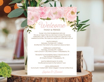 Wedding Itinerary Template, Wedding Welcome Bag Printable, Schedule, Editable Welcome Letter, Wedding Timeline, DIY, Pink Peony Floral