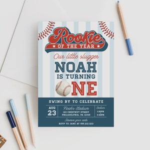 Sjabloon honkbal eerste verjaardagsuitnodiging, Rookie of the Year verjaardagsuitnodiging, honkbal verjaardagsfeestje, jongen verjaardag uitnodigen, download