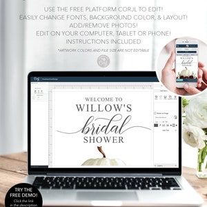 May include: A laptop screen displaying a bridal shower invitation template with the text "Welcome to Willow's bridal shower". The template features a white pumpkin with a brown stem. The laptop is on a wooden table with a vase of white flowers.