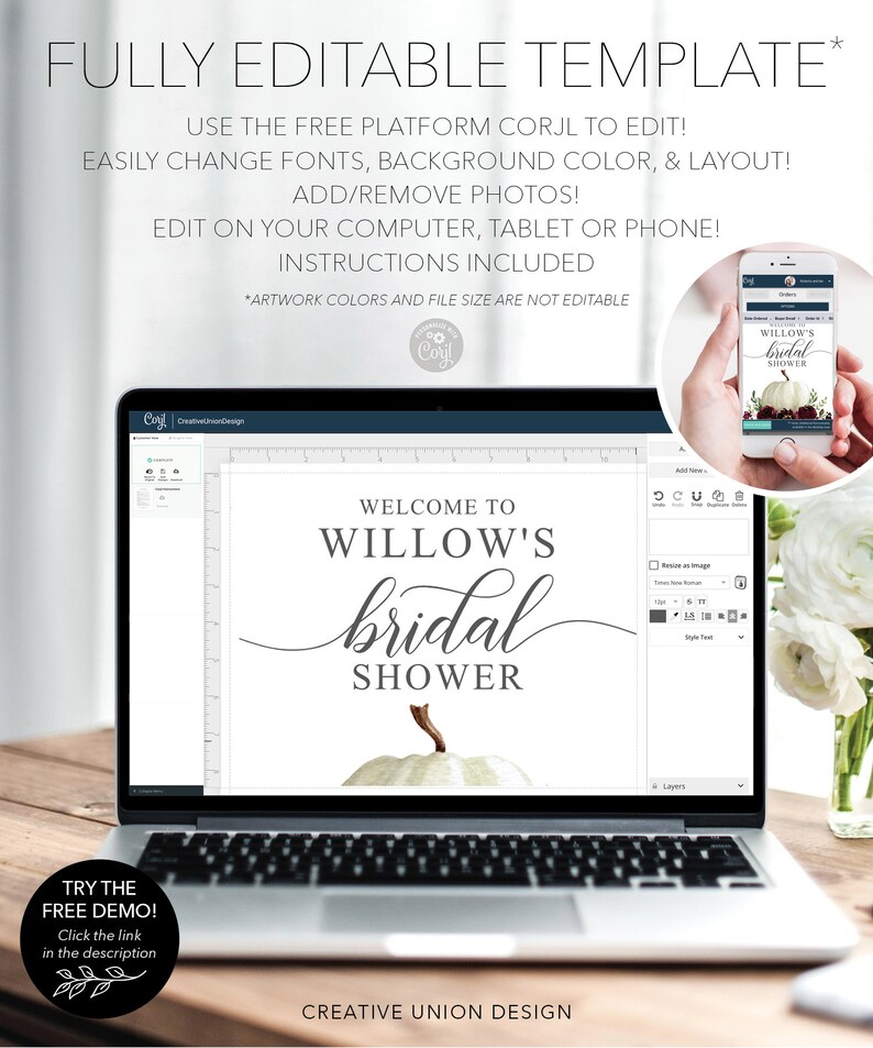 May include: A laptop screen displaying a bridal shower invitation template with the text "Welcome to Willow's bridal shower". The template features a white pumpkin with a brown stem. The laptop is on a wooden table with a vase of white flowers.