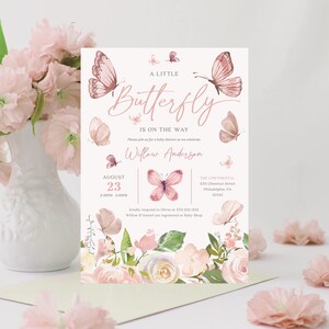 Blush Butterfly Baby Shower Invitation Girl, Pink Floral, Mauve, A Little Butterfly, Baby Shower Invite Template, Baby Girl, Girl Baby