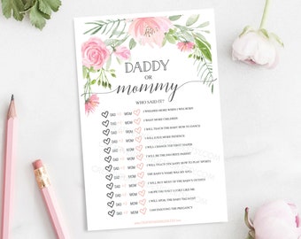 Girl Baby Shower Game, Mommy or Daddy, Baby Shower Game, Printable, Instant Download, Mommy or Daddy Said, Pastel Blush, Floral Watercolor