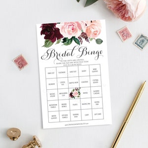 Juego de bingo para despedida de soltera - 60 hojas de juego únicas - Juego de despedida de soltera - Bingo para despedida de soltera - Bingo para despedida de soltera - Descarga instantánea - Blush Burgundy