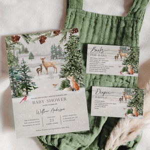 Winter Woodland Wonderland Baby Shower Invitation Set Template, Printable Editable, Thank You Card, Diaper Raffle, Books For Baby, Baby Deer