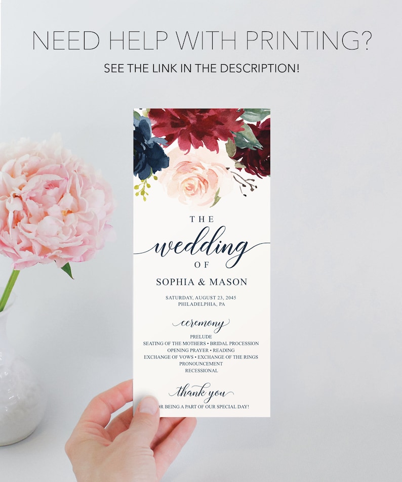 May include: Wedding ceremony program with a floral design in shades of burgundy, pink, and blue. The program lists the wedding of Sophia & Mason on Saturday, August 23, 2045 in Philadelphia, PA. The program includes the ceremony order, prelude, and a thank you message.
