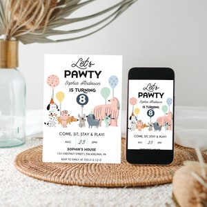 May include: A pink and blue birthday invitation with a paw print design and the text "Let's Pawty" and "Sophia Anderson is turning 8". The invitation features a group of cartoon dogs with balloons and party hats. The invitation includes the date, time, and location of the party.