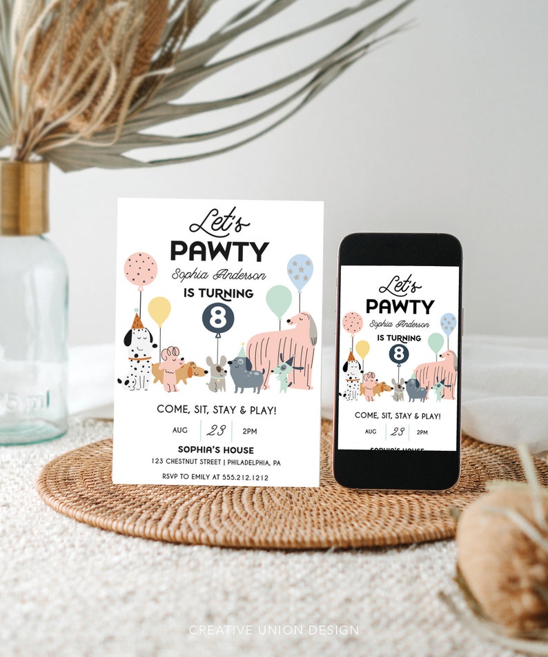 May include: A pink and blue birthday invitation with a paw print design and the text "Let's Pawty" and "Sophia Anderson is turning 8". The invitation features a group of cartoon dogs with balloons and party hats. The invitation includes the date, time, and location of the party.
