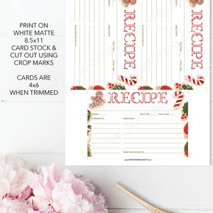 Peut inclure: Cartes de recettes sur le th&egrave;me du pain d'&eacute;pices. Les cartes sont blanches avec des accents rouges et verts, et pr&eacute;sentent des illustrations de bonhommes en pain d'&eacute;pices et de cannes en sucre. Le texte sur les cartes comprend "Recette", "Ingr&eacute;dients" et "Instructions". Les cartes mesurent 10,16 cm x 15,24 cm une fois coup&eacute;es.
