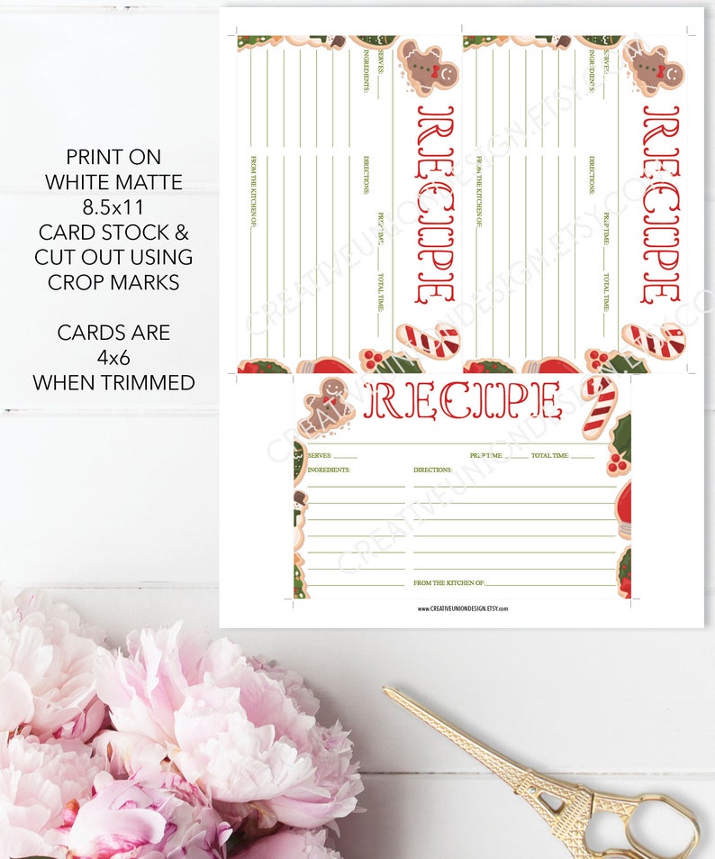 Peut inclure: Cartes de recettes sur le th&egrave;me du pain d'&eacute;pices. Les cartes sont blanches avec des accents rouges et verts, et pr&eacute;sentent des illustrations de bonhommes en pain d'&eacute;pices et de cannes en sucre. Le texte sur les cartes comprend "Recette", "Ingr&eacute;dients" et "Instructions". Les cartes mesurent 10,16 cm x 15,24 cm une fois coup&eacute;es.