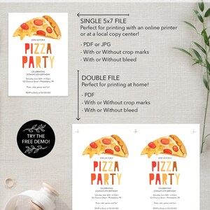 Puede incluir: Invitaci&oacute;n imprimible para una fiesta de pizza con una ilustraci&oacute;n de acuarela de una rebanada de pizza. La invitaci&oacute;n incluye el texto "Join us for a Pizza Party" y los detalles de la fiesta, incluida la fecha, la hora, la ubicaci&oacute;n y la informaci&oacute;n de RSVP.