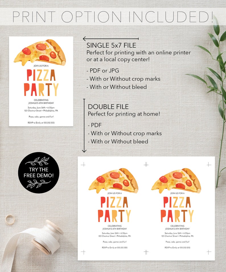 Puede incluir: Invitaci&oacute;n imprimible para una fiesta de pizza con una ilustraci&oacute;n de acuarela de una rebanada de pizza. La invitaci&oacute;n incluye el texto "Join us for a Pizza Party" y los detalles de la fiesta, incluida la fecha, la hora, la ubicaci&oacute;n y la informaci&oacute;n de RSVP.